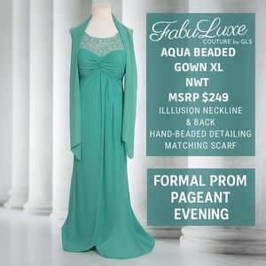 FABULUXE by GLS Aqua Beaded XL Gown NWT Prom Pageant Formal Dress w/ Scarf